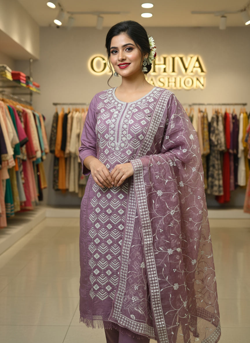 3 pcs set (rangoli fabric with duppata work)