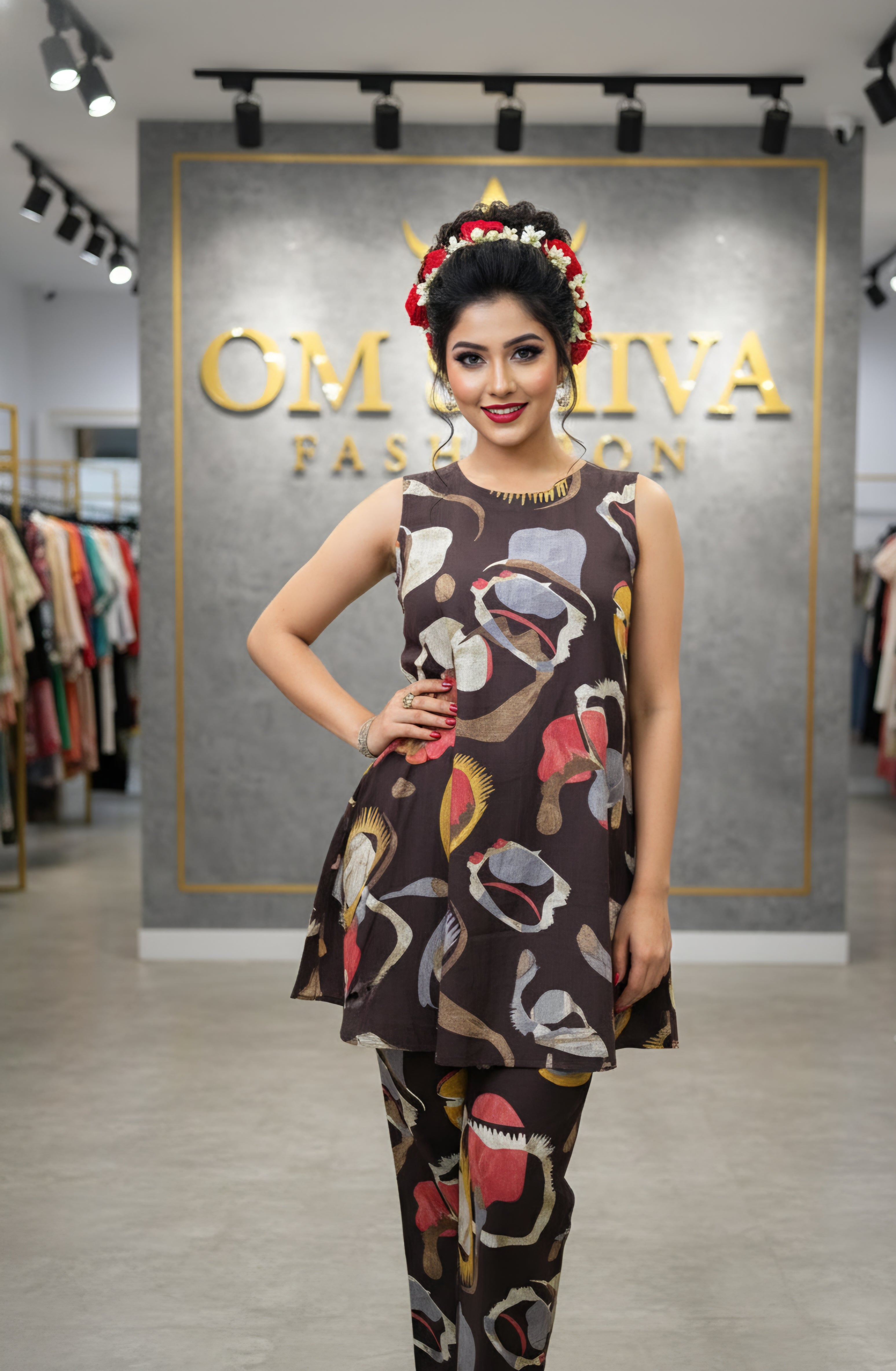 2pcs set (vertican fabric with dischaged print)