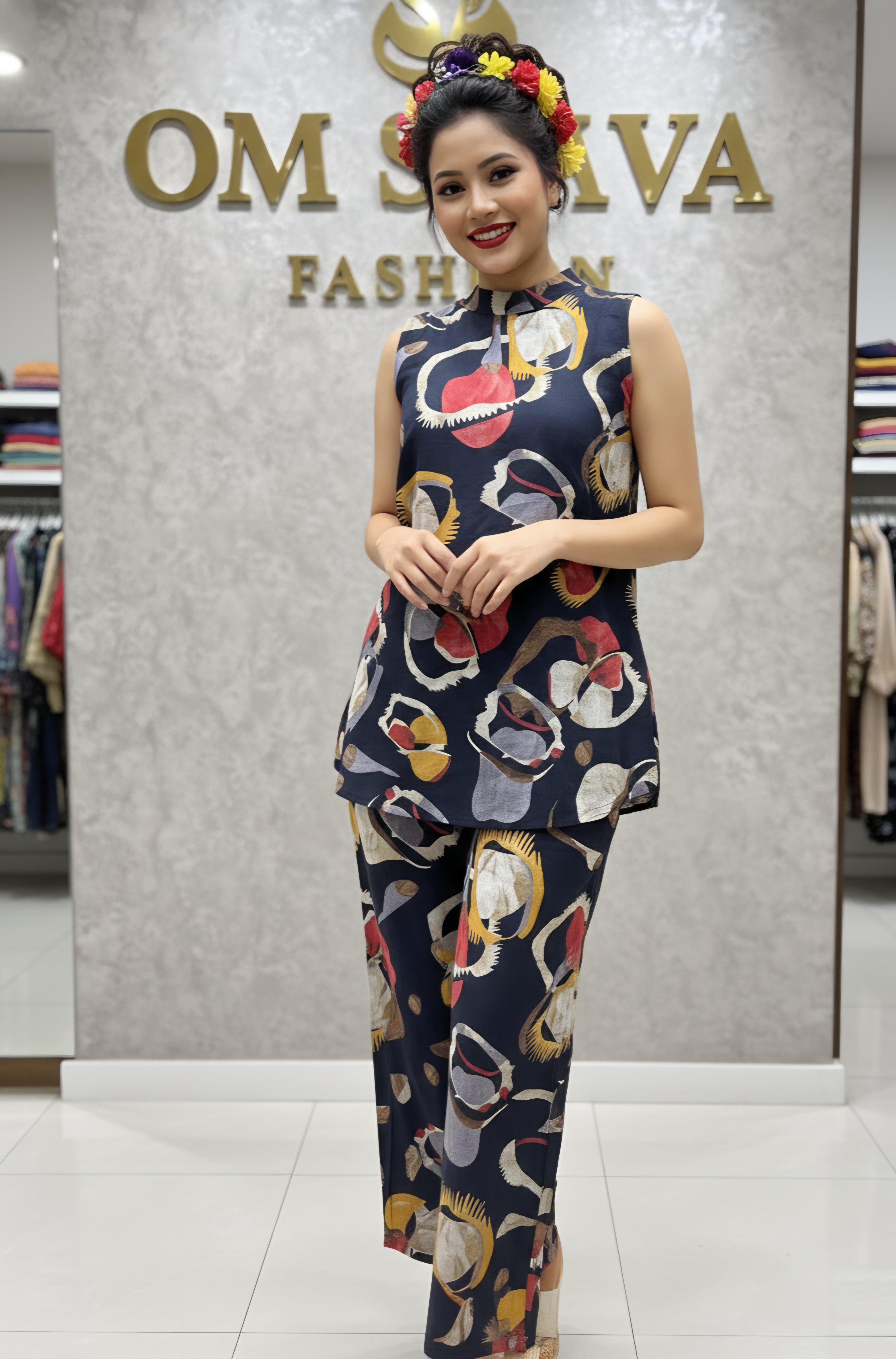 2pcs set (vertican fabric with dischaged print)