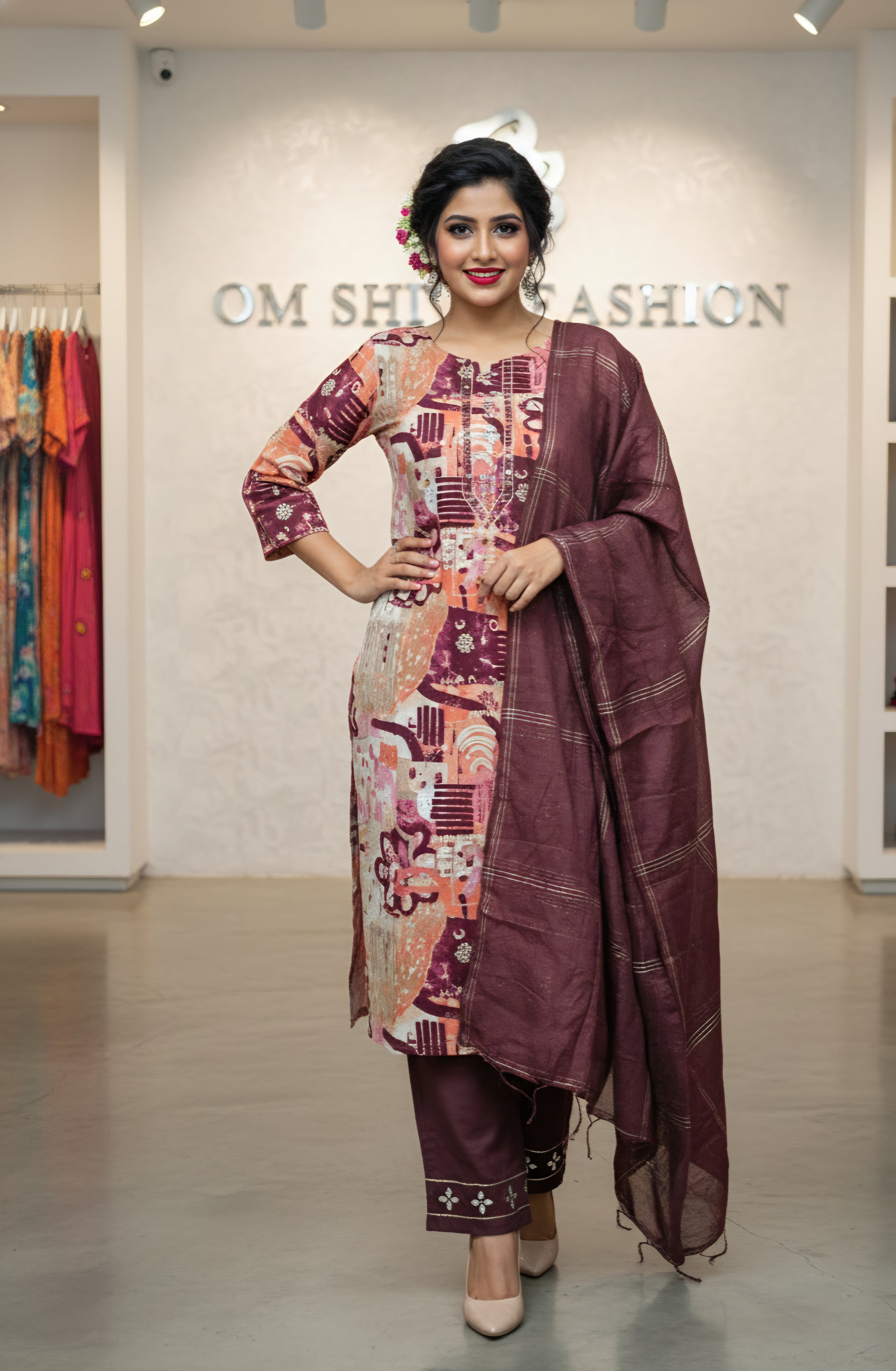 3pcs set(rayon fabric, foil print with manual work)