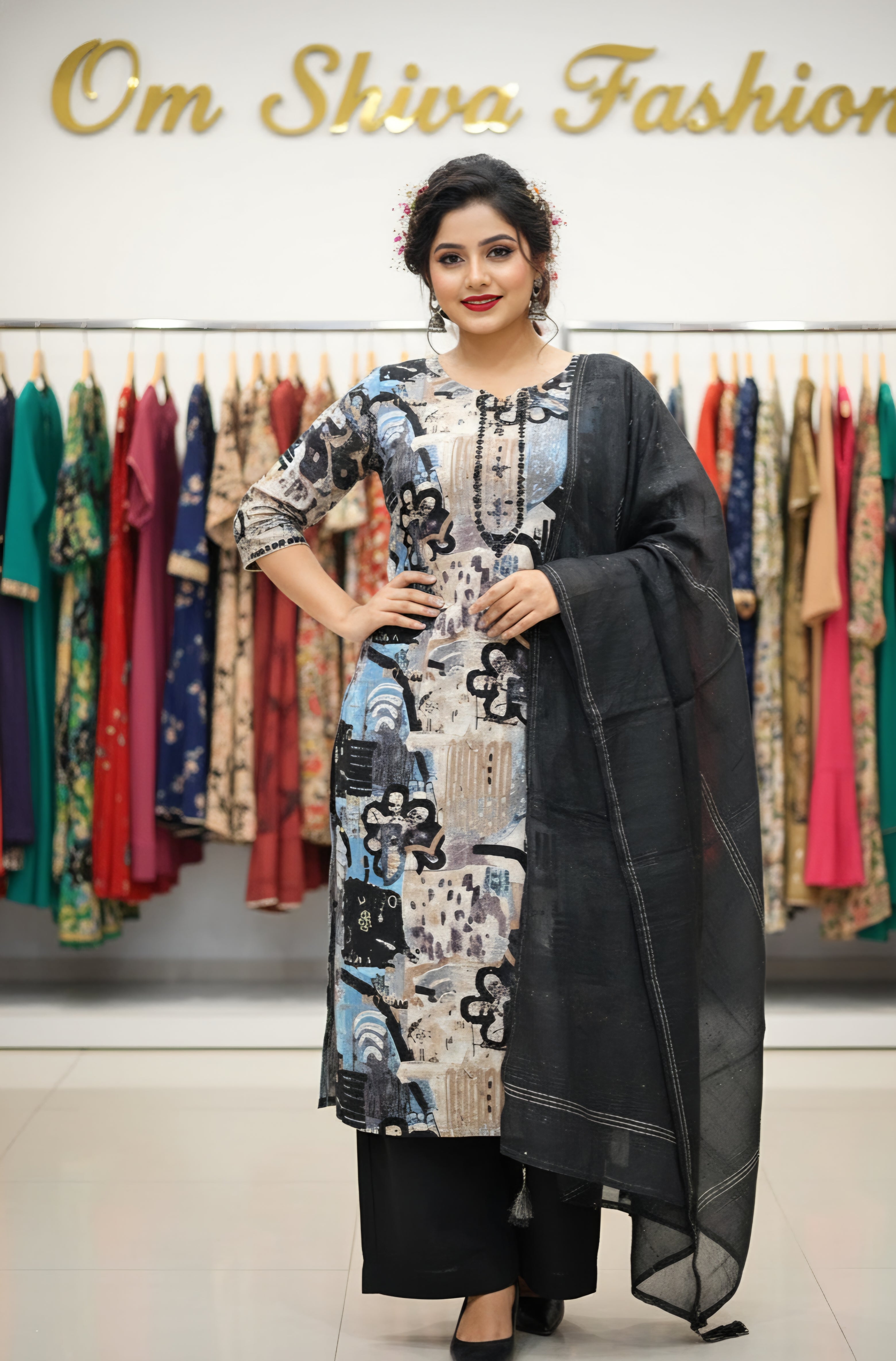 3pcs set(rayon fabric, foil print with manual work)